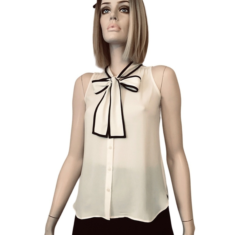Loft Bow Tie Detail Sleeveless Blouse Button Front Top Shirt Lightweight